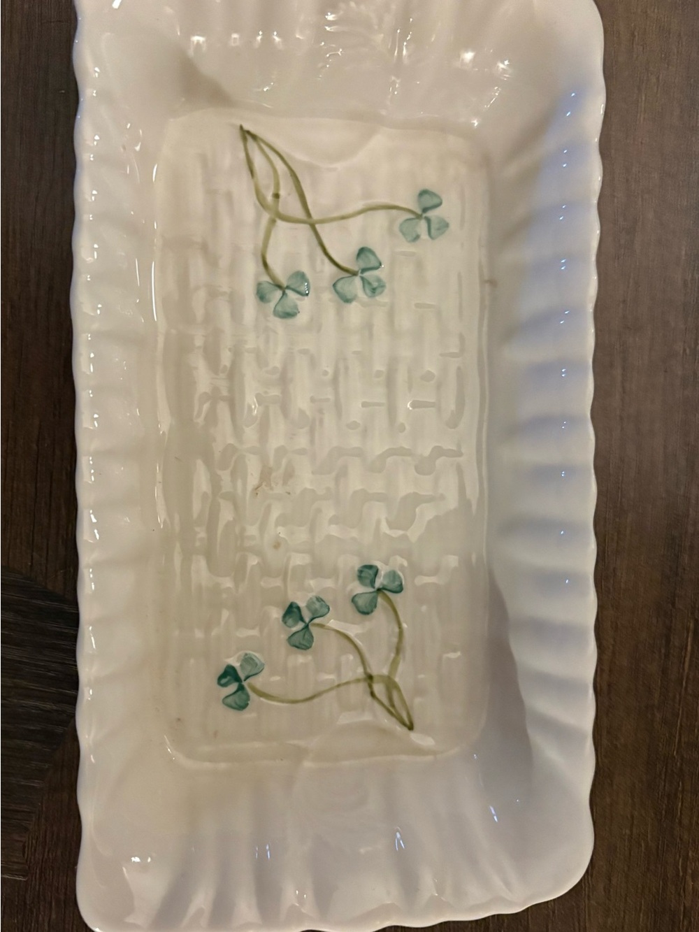 Belleek White Porcelain Dish with Green Backstamp